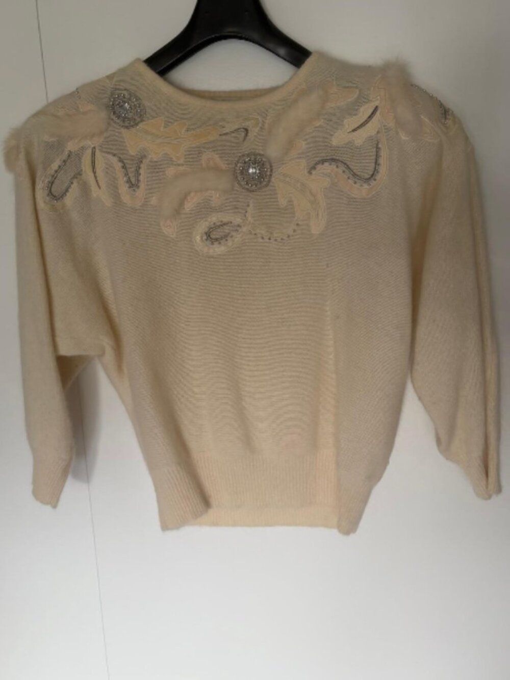 Vintage Dolman Sleeved Lambswool/Angora Cream Embellished Sweater from Miréne